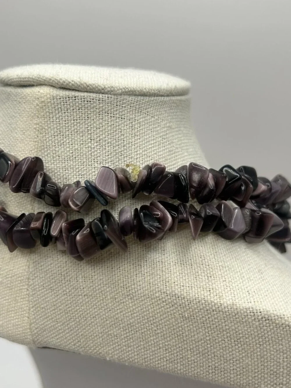 Purple Cat’s Eye Glass Chip Necklace Long 32” Boho Statement Vintage Jewelry